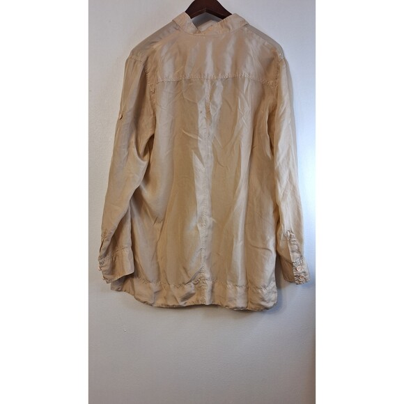 VINTAGE NEWPORT NEWS 100% SILK LACE UP ROLL TAB SLEEVES TUNIC TOP WOMEN SIZE 14 - Picture 2 of 3